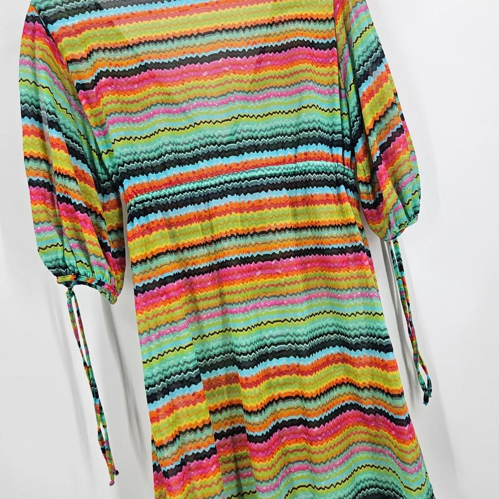 Luli Fama Coverup Dress Multicolor Mesh Sheer Striped Chevron V-neck Tunic Sz S